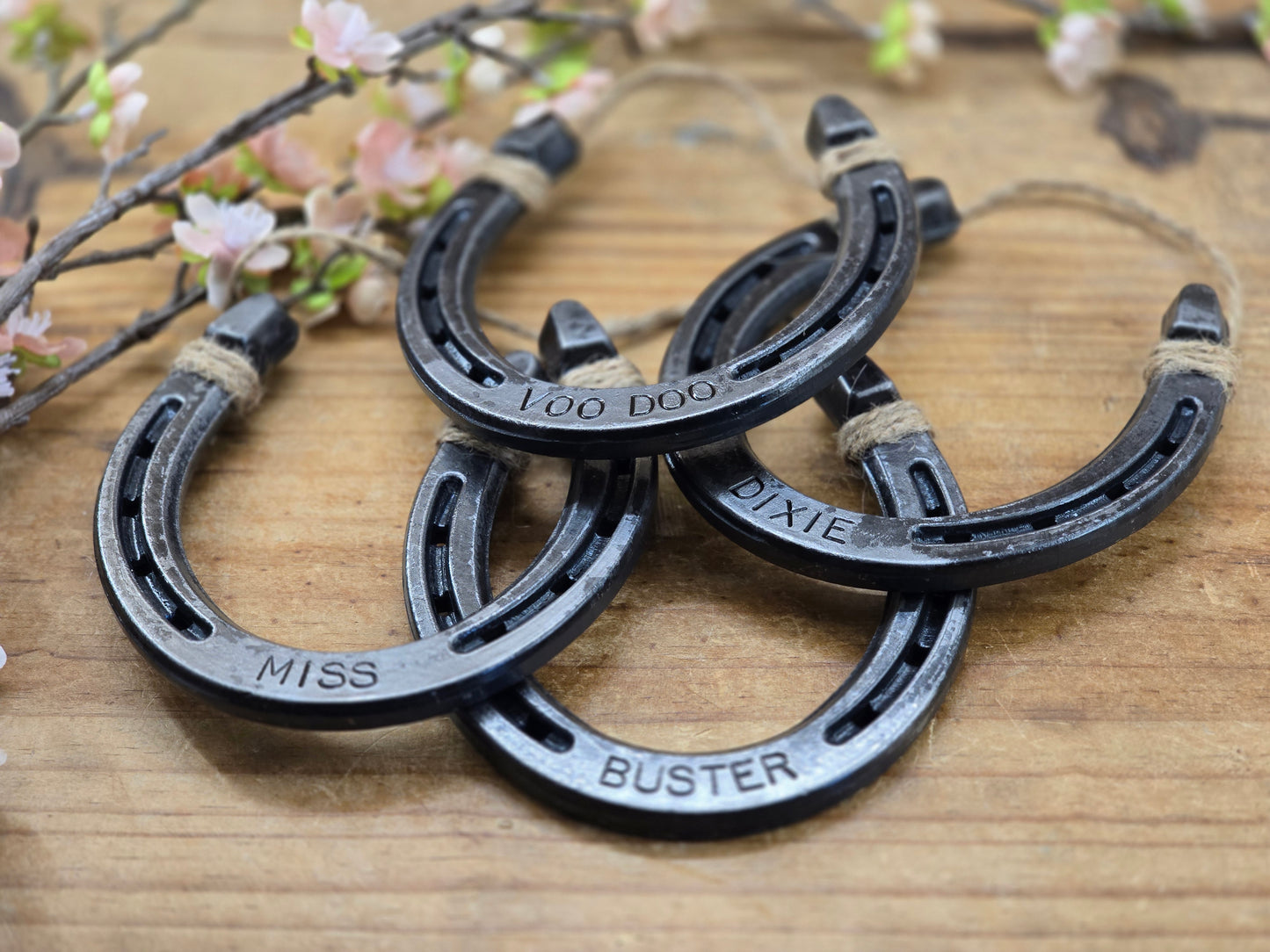 Group photo of multiple horseshoes personalized with different names