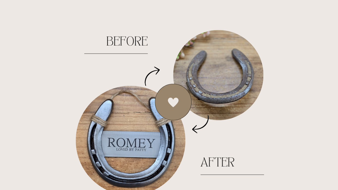 A before and after photo of a cleaned up and personalized horseshoe from your own horse