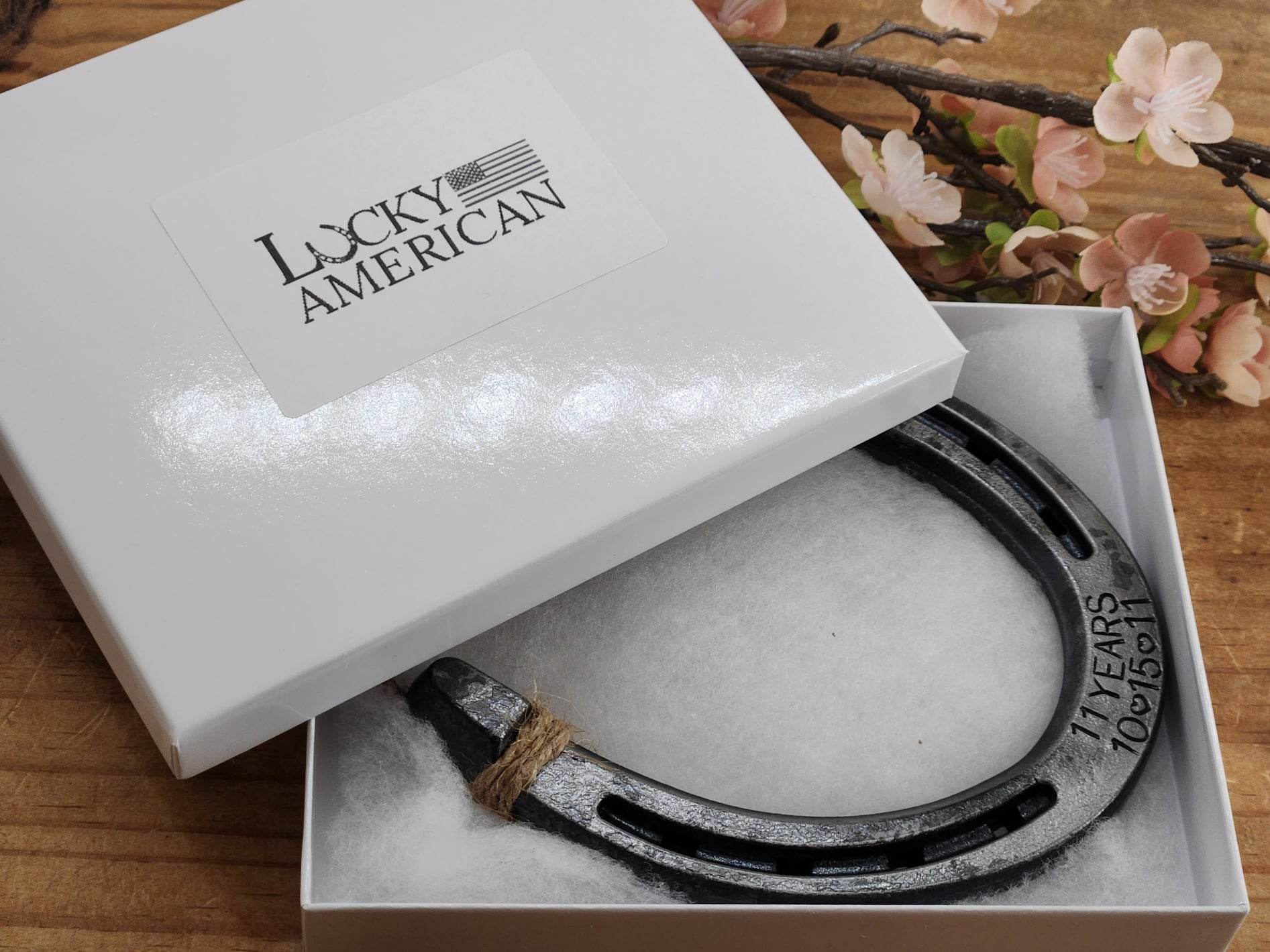 Personalized horseshoe gift in a box for 11 year anniversary