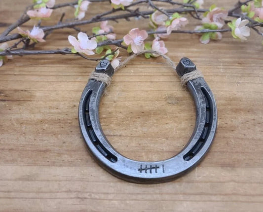Horseshoe wall decor stamped with 6 tally marks and hearts