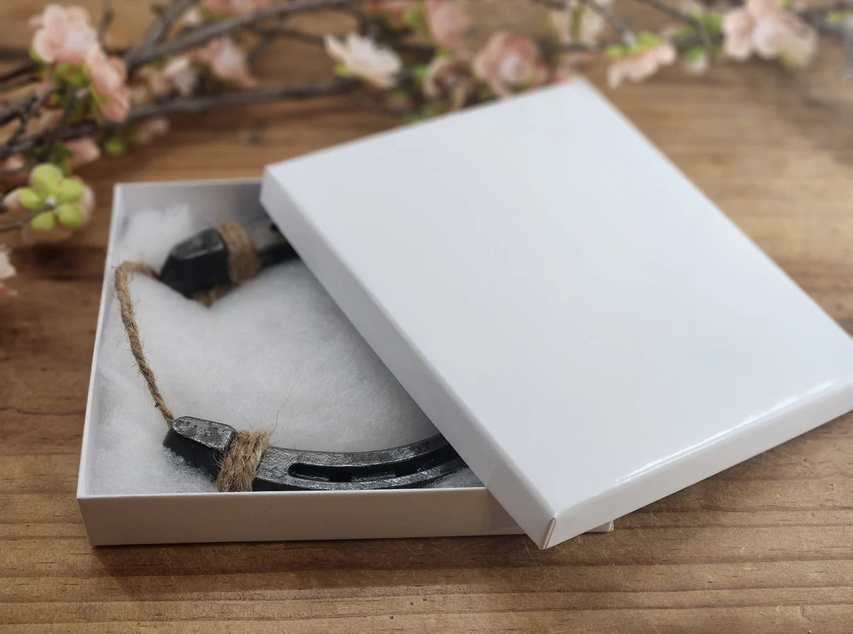 A plain white gift box for a single horseshoe