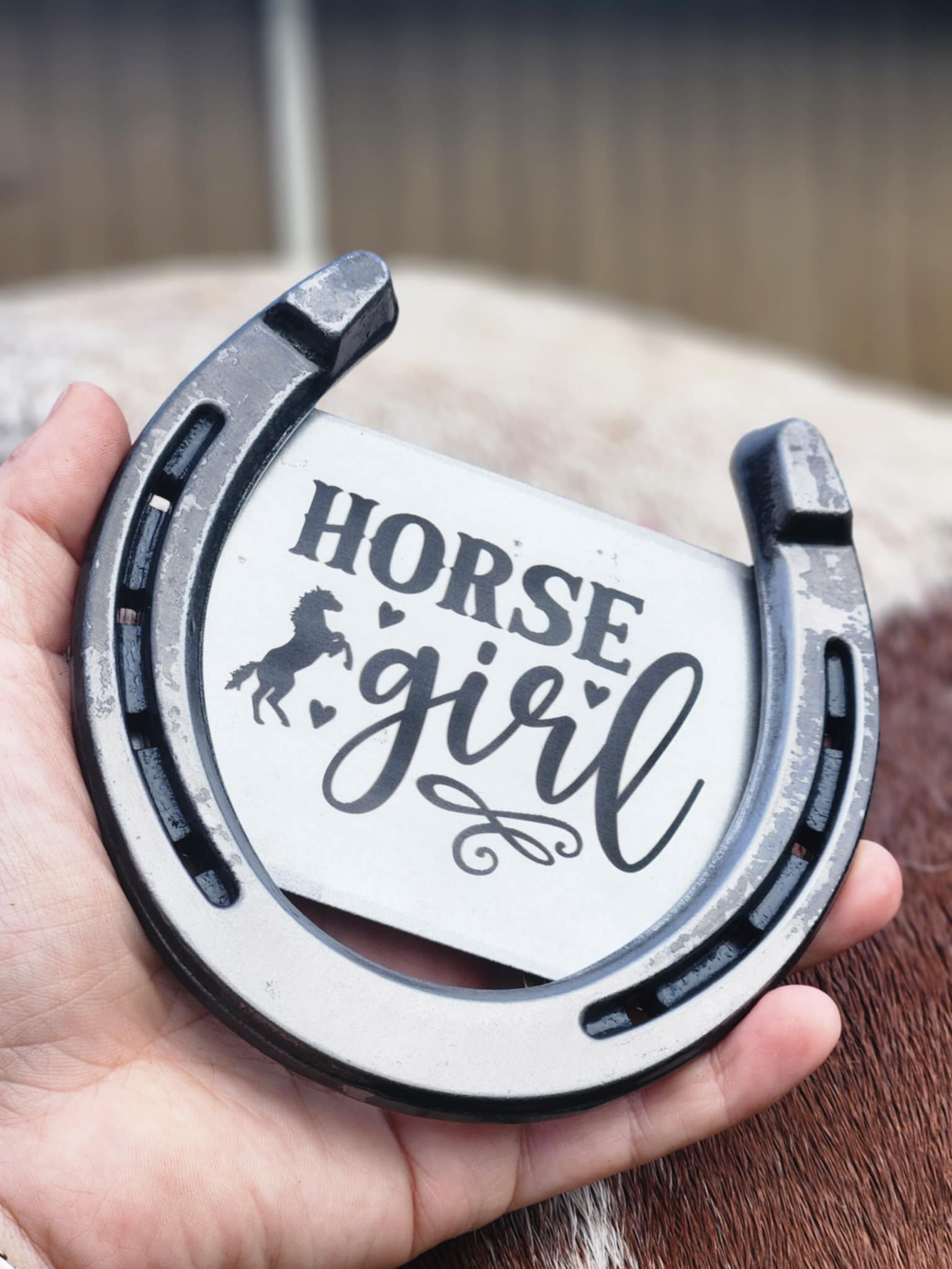 Rustic horseshoe gift featuring 'Horse Girl' text and horse graphic, ideal for equestrian fans.