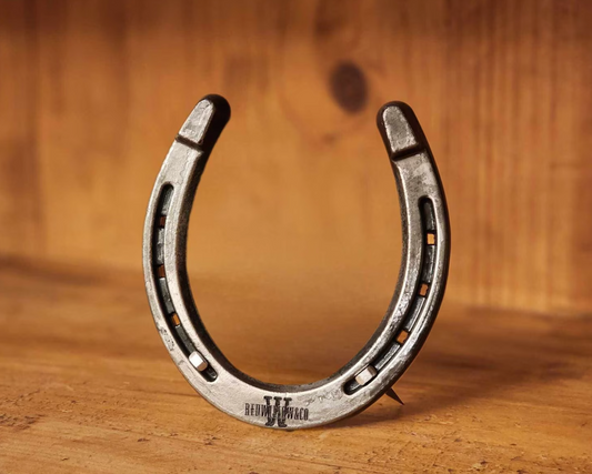 Real horseshoe engraved with a company logo along the bottom. Displayed freestanding with horseshoe nails.