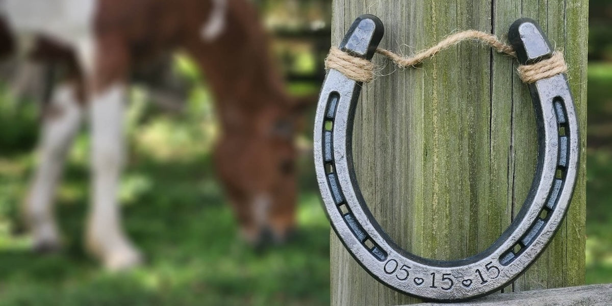 Horse blurred in the background with a customized horseshoe leaning against a fence. The horseshoe is personalized with a date.