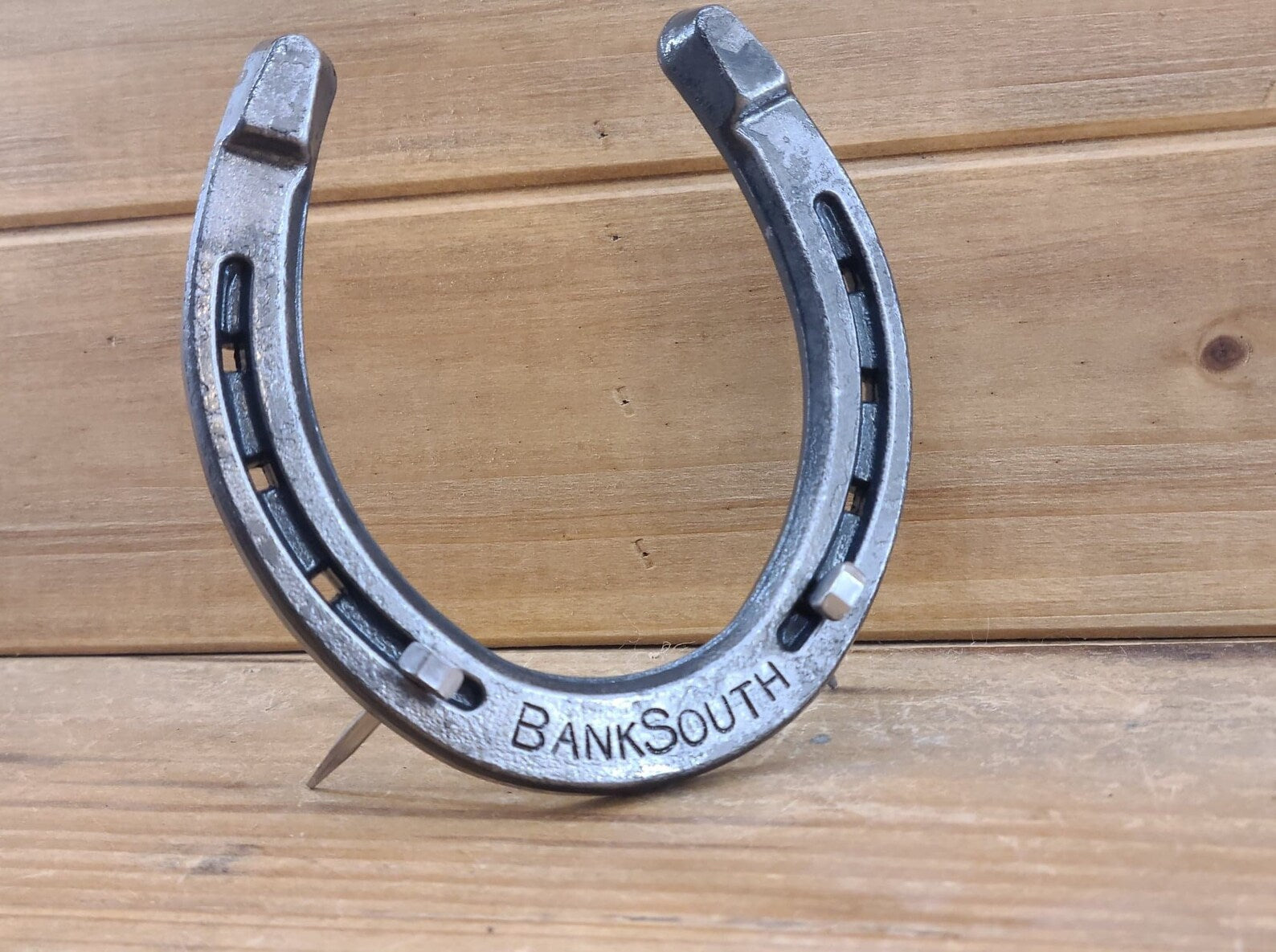 Real horseshoe with a word stamped along the bottom and displayed freestanding with horseshoe nails for support.