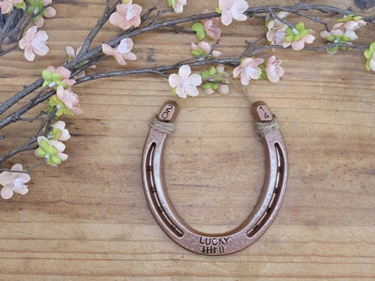 Real horseshoe painted copper and stamped with the word 'LUCKY' plus 7 tally marks along the bottom and the year in the upper corners of the horseshoe.